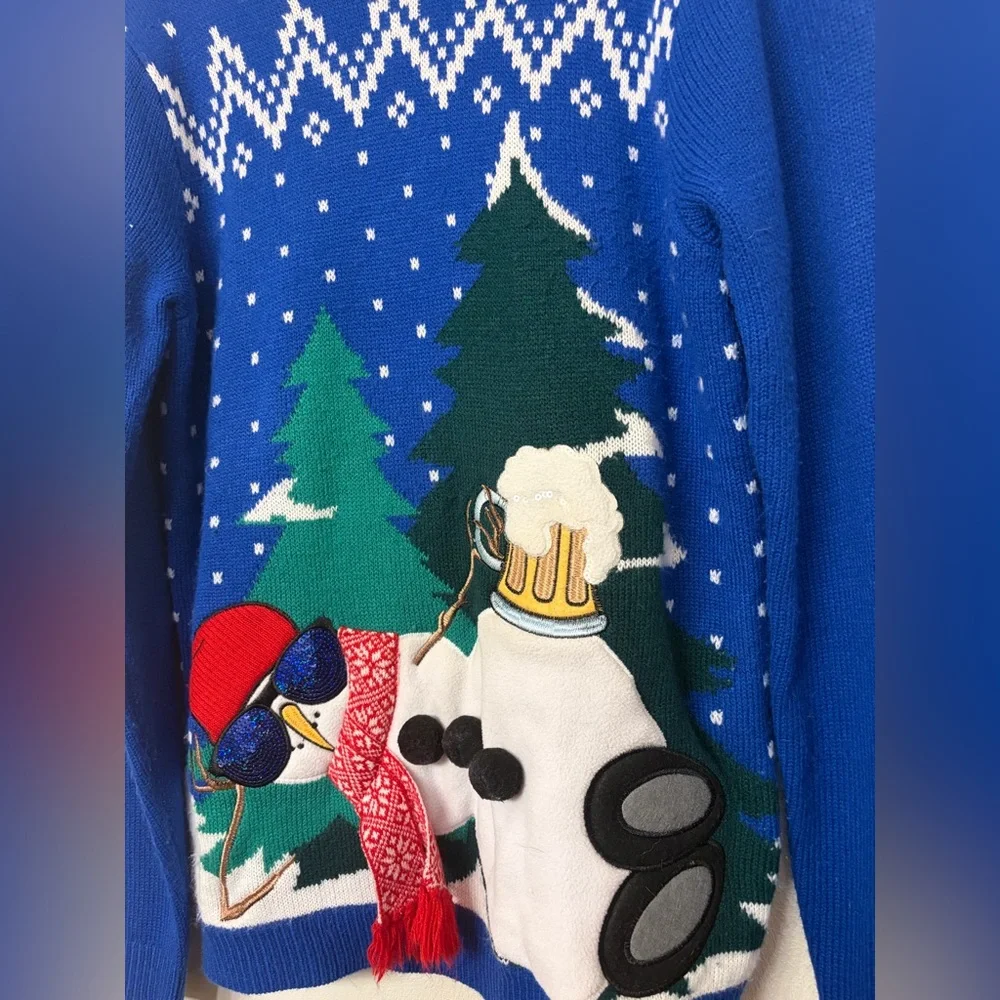 JOLLY SWEATERS Blue Ugly Christmas Sweater Drunk Snowman with Beer Medium